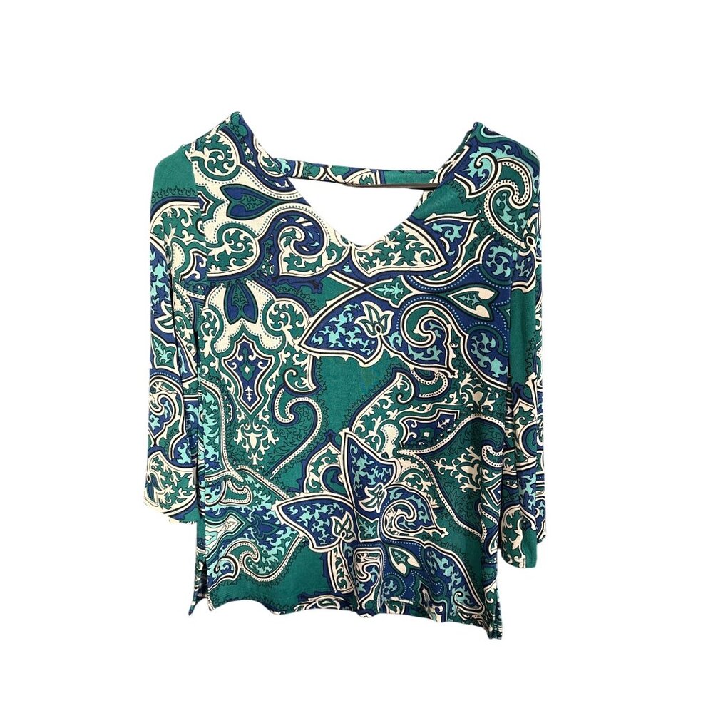 Chicos Tunic Top Size 0/2P Green Blue Paisley Print 3/4 Sleeve V-Neck Womens Lig